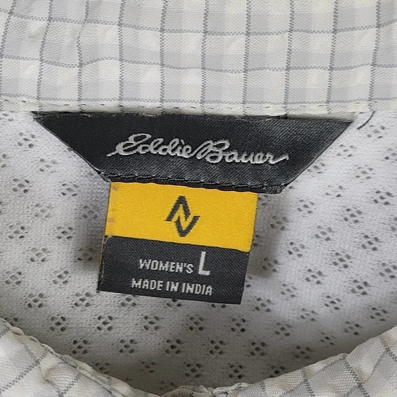 Eddie Bauer Button-Up Shirt Grey White Windowpane Short Sleeve Collar Pocket L - Picture 3 of 5